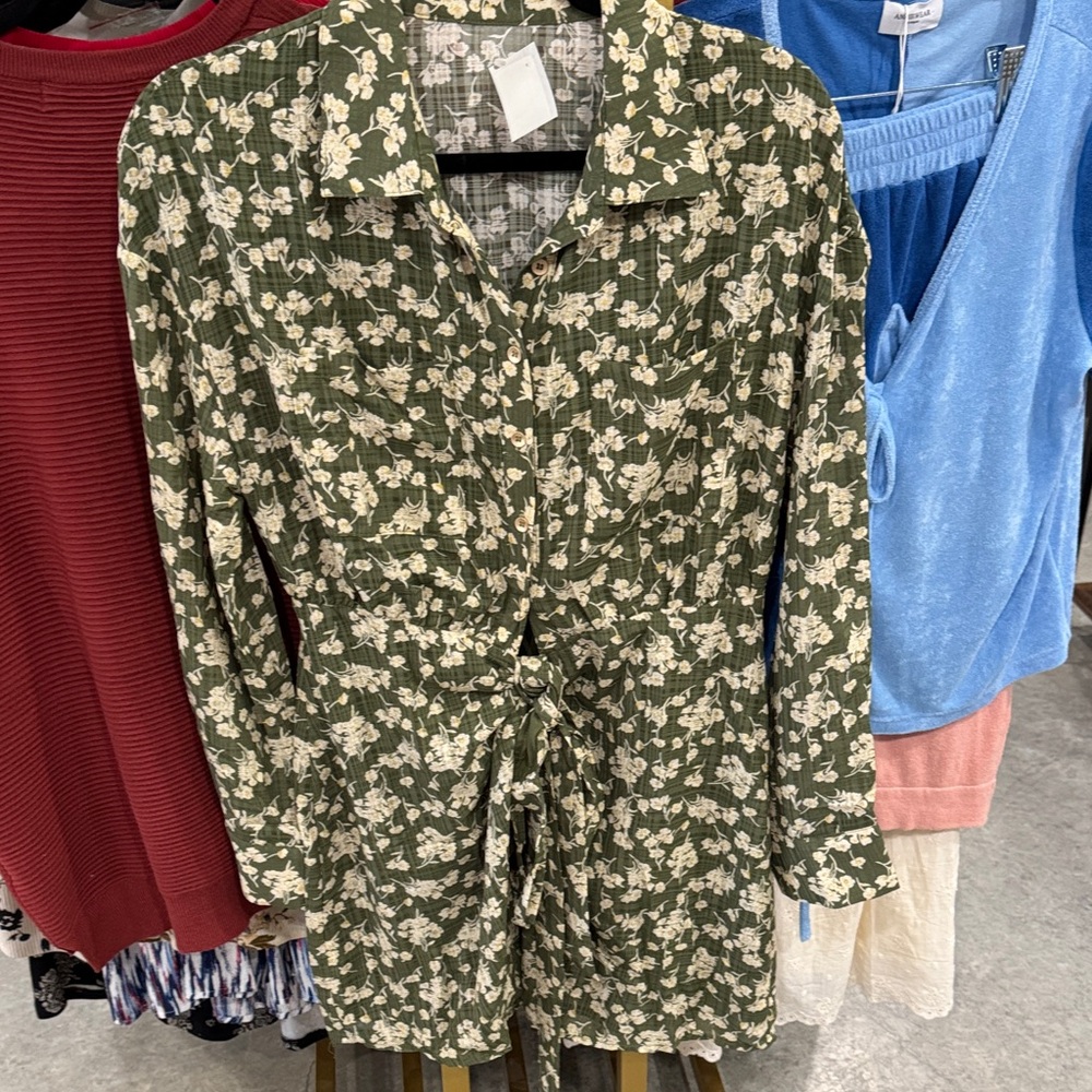Green Floral Tie-Front Shirt Dress